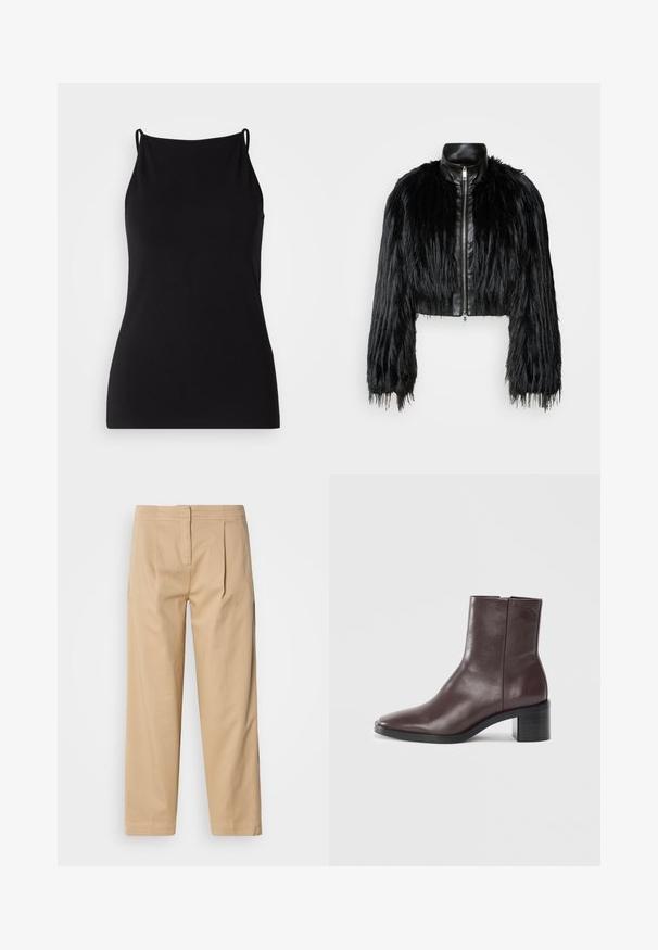 Jacket cropped preta que combina mangas longas de pelo sintético com um colarinho de pele sintética preto e fecho de correr frontal, apresentando um acabamento texturizado e desgrenhado.; Camisola preta com alças finas, feita de um tecido suave. Apresenta um decote arredondado e uma silhueta justa, sem quaisquer padrões ou embellishments.; Calças de algodão bege com um corte relaxado, apresentando dois pregas frontais, uma perna reta e um fecho clássico com botão na cintura.; Bota de tornozelo de couro castanho escuro com bico quadrado, salto bloco e um discreto logotipo embossado próximo ao topo, sobre um fundo branco liso.