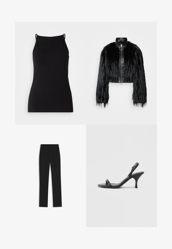 Black cropped jacket combining long faux fur sleeves with a black leather collar and front zipper, featuring a textured, shaggy finish.; Black camisole with thin straps, made from soft fabric. Features a rounded neckline and a fitted silhouette, without any patterns or embellishments.; Black tailored trousers with a straight-leg design, featuring front pockets and a smooth, textured fabric. Neat, minimal detailing.; Black leather high-heeled sandals with a slim, curved heel and a crossed strap design. Adjustable ankle strap. Smooth texture.