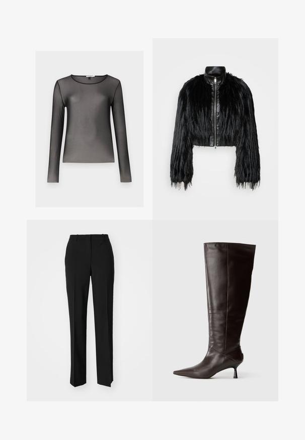 Zwart kort jasje met lange faux fur mouwen en een zwarte leren kraag en ritssluiting aan de voorkant, met een gestructureerde, harige afwerking.; Zwarte lange mouwen top gemaakt van doorzichtig, lichtgewicht materiaal; heeft een ronde halslijn en een aangesloten silhouet. Glad oppervlak, minimale afwerking.; Zwarte op maat gemaakte broek met een recht model, voorzien van een soepele textuur en scherpe plooien aan de voorkant. Geen zichtbare hardware.; Bruine leren kniehoge laarzen met een puntigere neus en een slanke hak. Glad textuur en een strak ontwerp, met een minimalistische silhoutte.