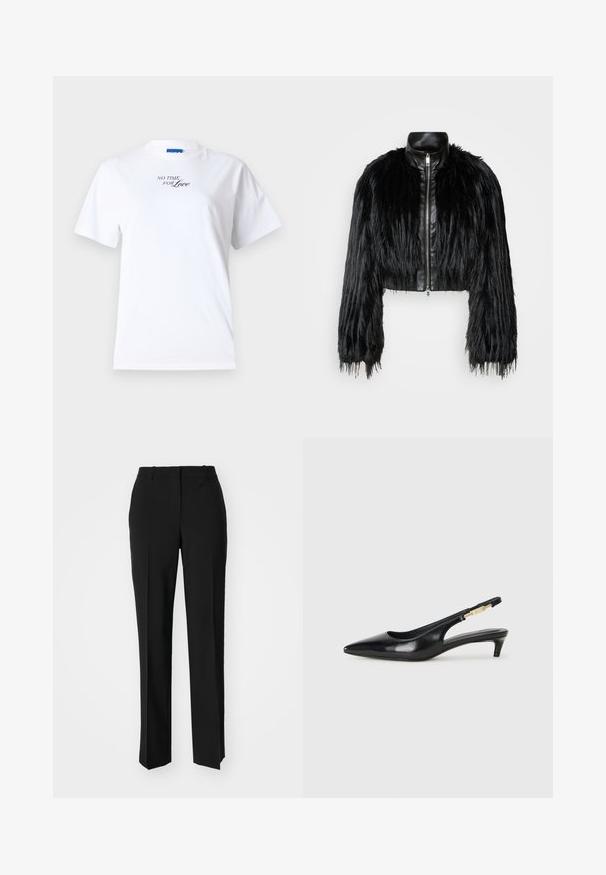 Black cropped jacket combining long faux fur sleeves with a black leather collar and front zipper, featuring a textured, shaggy finish.; White cotton t-shirt with short sleeves and a crew neckline. Features the text "NO TIME FOR Love" in black cursive lettering on the front.; Black tailored trousers with a straight-leg design, featuring a smooth texture and crisp creases along the front. No visible hardware.; Black leather slingback heels with a pointed toe, featuring a slim heel and a gold-tone accent on the adjustable strap. Smooth texture.