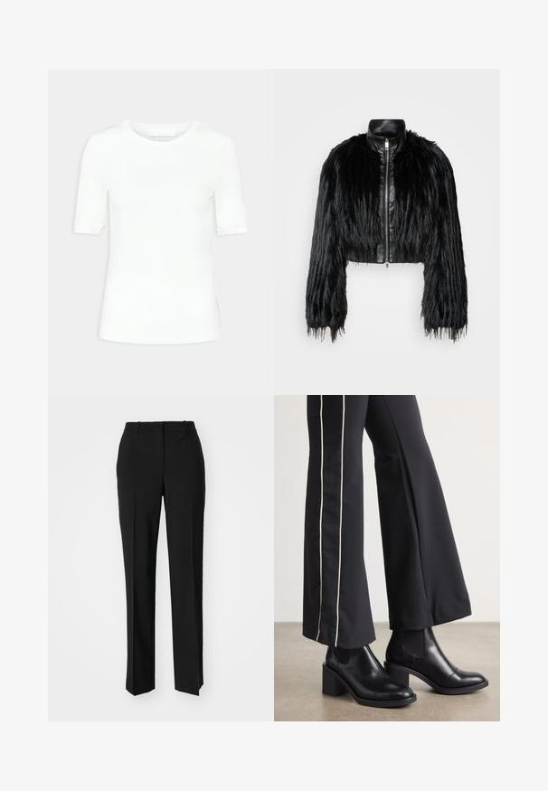 Juodas trumpas švarkas, derinantis ilgas dirbtinio kailio rankoves su juodu odiniu apykakle ir priekiniais užtrauktukais, turintis tekstūruotą, purų paviršių.; Balta trumpa rankovė t-shirt bluzonė, pagaminta iš minkštos medvilnės. Pasižymi apvaliu kaklu ir prigludusia siluetu, be raštų ar matomų detalių.; Juodi pritaikyti kelnių modeliai su tiesiomis kojomis, pasižyminčios lygiomis tekstūromis ir ryškiomis klostėmis priekyje. Nėra matomų detalių.; Juodi odiniai auliniai batai su plataus bloko kulnu, turintys elastines šonines dalis. Sukomplektuoti su juodomis kelnėmis, turinčiomis baltą šoninės juostą.