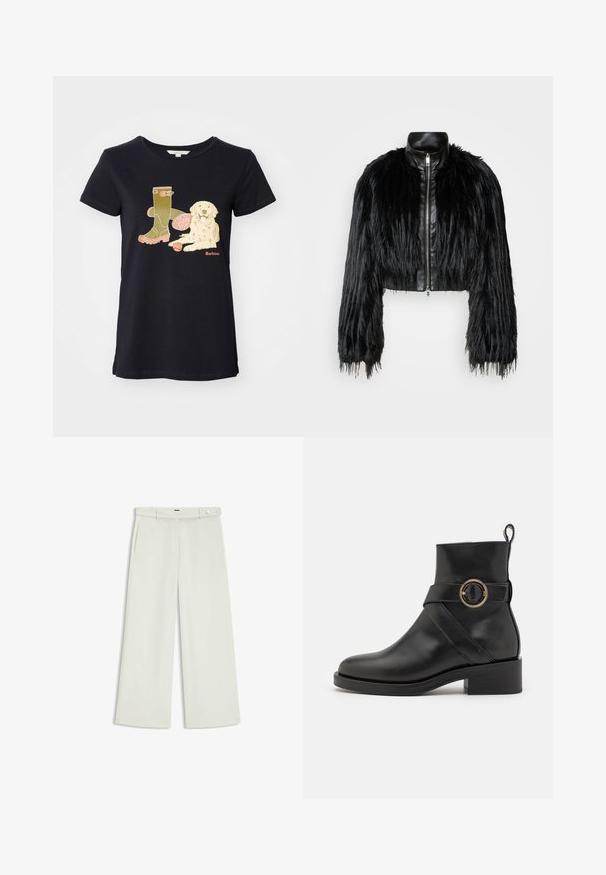 Schwarze, kurz geschnittene Jacke mit langen, gefälschten Pelzärmeln, einem schwarzen Lederkragen und einem Reißverschluss vorne, die eine strukturierte, fusselige Oberfläche hat.; Schwarzes Baumwoll-T-Shirt mit einem grafischen Design eines grünen Stiefels, eines Hundes und eines Balls. Das "Barbour"-Logo ist in Orange gedruckt.; Weite Hose aus zartem Creme-Stoff, mit seitlichen Taschen, flatem Bund und einer Knopfverschluss an der Taille. Glatte Textur.; BOSS IRYNA BOOTIE - Plateaustiefelette - black