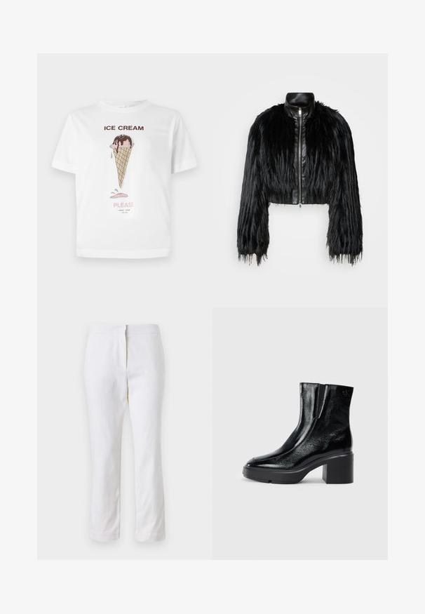 Black cropped jacket combining long faux fur sleeves with a black leather collar and front zipper, featuring a textured, shaggy finish.; White cotton t-shirt featuring an illustration of an ice cream cone with pink and brown accents, and the text "ICE CREAM PLEASE" below.; White cotton pants with a straight leg design, featuring a mid-rise waist and no visible hardware or patterns. Smooth texture throughout.; Black patent leather ankle boots with a curved toe, elastic side panels, and a chunky block heel. Features embossed logo on the back.