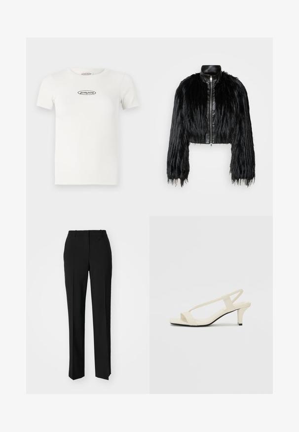 Black cropped jacket combining long faux fur sleeves with a black leather collar and front zipper, featuring a textured, shaggy finish.; White ribbed t-shirt with short sleeves, round neckline, and black embroidered "guess jeans" logo centered on the front.; Black tailored trousers with a straight-leg design, featuring a smooth texture and crisp creases along the front. No visible hardware.; Beige block-heeled sandals with thin straps and a square toe. Smooth material with minimal detailing, designed for easy wear.