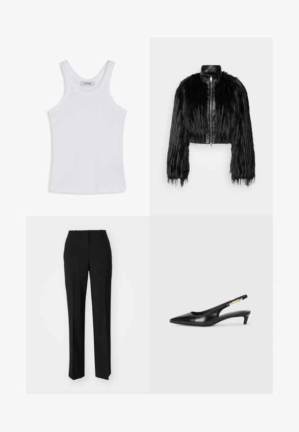 Must ikka, millel on pikad kunstkarvast varrukad, musta nahkdetailiga kaeluse ja ees oleva tõmblukuga, koos struktuurse, karvase viimistlusega.; Valge t-särk, mis on valmistatud siledast kangast, ümmarguse kaelusega ja võimalike laia õlavarre rihmadega, sees oleval etikett on kirjas "IVY OAK."; Mustad ja sirged püksid, millel on sile tekstuur ja teravad voldid esiosas. Ilma nähtavate detailideta.; Mustad nahast slingback kontsad terava ninaga, millel on õhuke konts ja kuldse tooni aktsent reguleeritaval rihmal. Sile tekstuur.