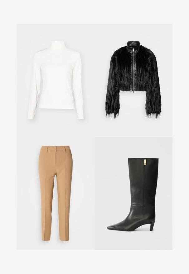 Sort cropped jakke med lange faux fur ærmer, en sort læderkrave og lynlås foran, med en tekstureret, shaggy finish.; Hvid, langærmet turtleneck-top lavet af ribbet stof med et tætsiddende design og uden synlige lukninger eller mønstre.; Beige skræddersyede bukser lavet af glat stof, med flad front, bæltestropper og to sidelommer; slim fit med lige ben design.; Sorte læder knæhøje støvler med spids tå og en lille hæl. Har et slankt design med en gylden accentdetalje. Glat tekstur.
