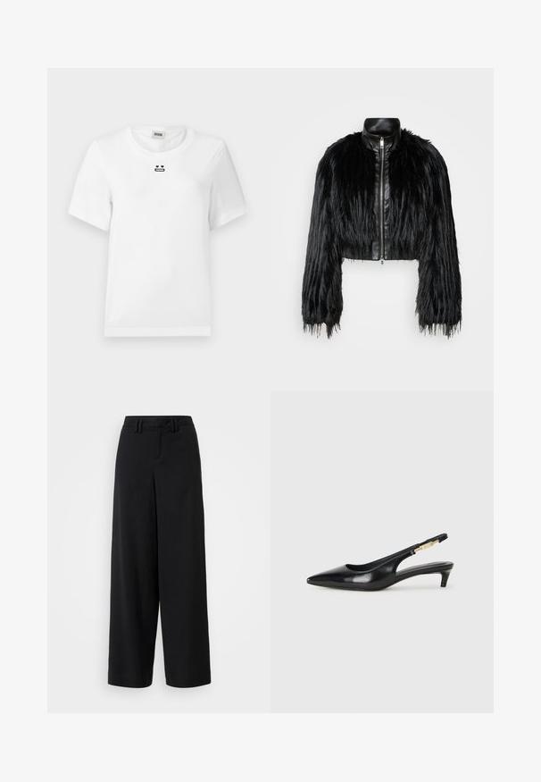Must ikka, millel on pikad kunstkarvast varrukad, musta nahkdetailiga kaeluse ja ees oleva tõmblukuga, koos struktuurse, karvase viimistlusega.; Valge puuvillane T-särk lühikeste varrukatega, mille eesoleval rinnal on väike must graafiline kujundus näost, millel on südamevormis silmad ja sirge suu.; Mustad laiad püksid siledast kangast, millel on sirge esiosa, volditud detailid ja vööloopidega vöökoht.; Mustad nahast slingback kontsad terava ninaga, millel on õhuke konts ja kuldse tooni aktsent reguleeritaval rihmal. Sile tekstuur.