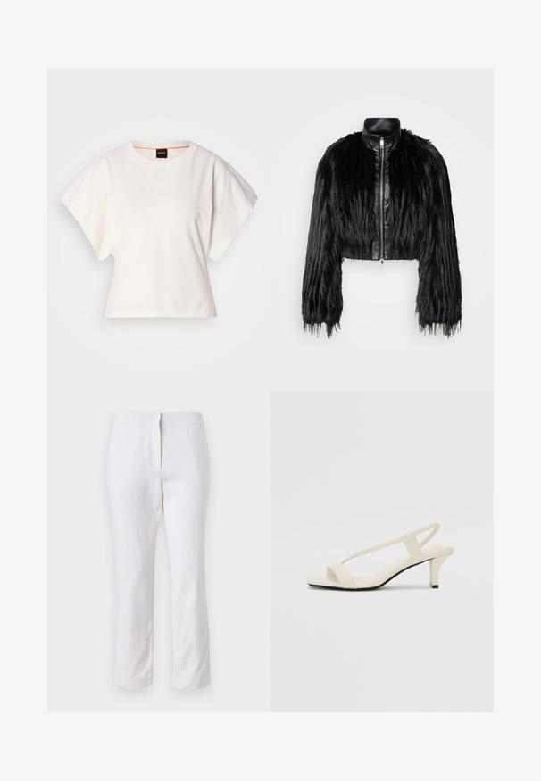 Jachetă scurtă neagră, care combină mânecile lungi din blană sintetică cu un guler din piele neagră și fermoar frontal, având o finisare texturată, zbârcită.; Tricou alb scurt, cu mâneci scurte și largi, din bumbac moale, cu decolteu rotund și un finisaj subtil portocaliu, design minimalist, fără modele sau grafice.; Pantaloni din bumbac alb, cu un design drept, având talie medie și fără hardware sau modele vizibile. Textură uniformă pe întreaga suprafață.; Sandale bej cu toc bloc, cu bretele subțiri și vârf pătrat. Material neted cu detalii minime, concepute pentru a fi ușor de purtat.