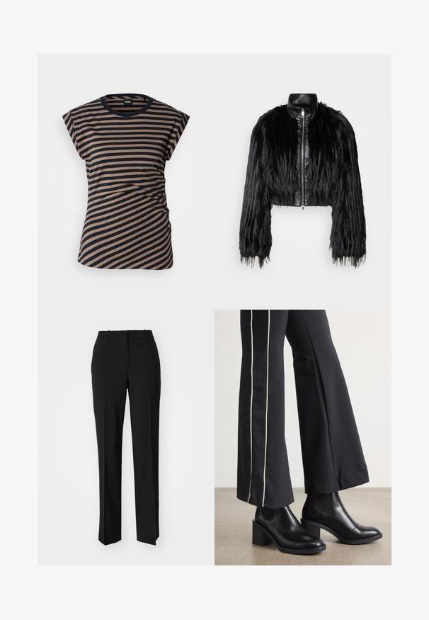 Jachetă scurtă neagră, care combină mânecile lungi din blană sintetică cu un guler din piele neagră și fermoar frontal, având o finisare texturată, zbârcită.; Tricou cu dungi în nuanțe de bej și bleumarin, având un guler rotund, mâneci scurte și un detaliu pliat pe lateral. Fabricat dintr-un material moale și elastic.; Pantaloni negri tailor-ed cu un design drept, având o textură fină și cute clare pe față. Fără elemente de prindere vizibile.; Bocanci de piele negri până la gleznă, cu toc pătrat, având panouri elastice pe laterale. Asortați cu pantaloni negri care au o dungi albă pe lateral.