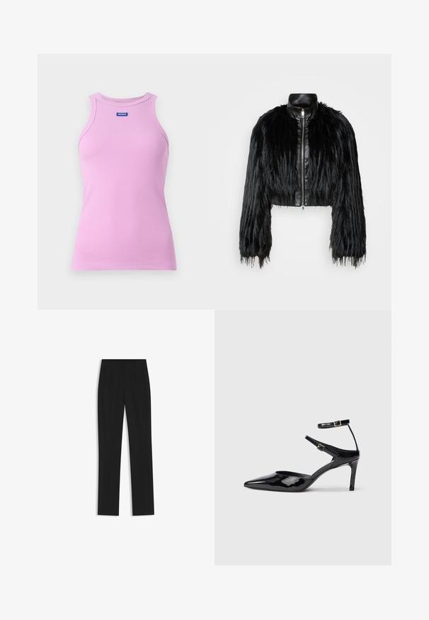 Black cropped jacket combining long faux fur sleeves with a black leather collar and front zipper, featuring a textured, shaggy finish.; Pink ribbed tank top with a round neckline and HUGO logo tag. Features a fitted design and sleeveless style, made from soft fabric.; Black tailored trousers with a straight-leg design, featuring front pockets and a smooth, textured fabric. Neat, minimal detailing.; Black patent leather heels with a pointed toe, adjustable ankle straps, and a slender heel. Smooth texture with a shiny finish.