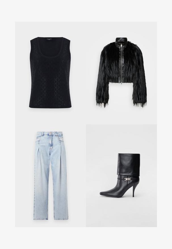 Mustan lyhyen takin yhdistelmä, jossa on pitkät tekoturkishihat, musta nahkakaulus ja etuvetoketju. Takissa on teksturoitu, karhea pinta.; Mustapaitapuku, jossa on pyöreä kaula-aukko, jossa on teksturoitu kuvio pienistä geometrisista muodoista ja hienovaraisesta kiillosta. Kangas on kevyt ja sileä.; Vaaleansiniset farkut, joissa on korkea vyötärö, leveälahkeinen leikkaus, kaksi sivutaskua ja pleatattu muotoilu. Pehmeä rakenne, jossa on haalistunut viimeistely.; Musta nahkasaapas nilkkapituudella, teräväkärkinen, korkea stiletto-korko, käännettävä varsi ja kultainen koristeellinen solki nilkassa.