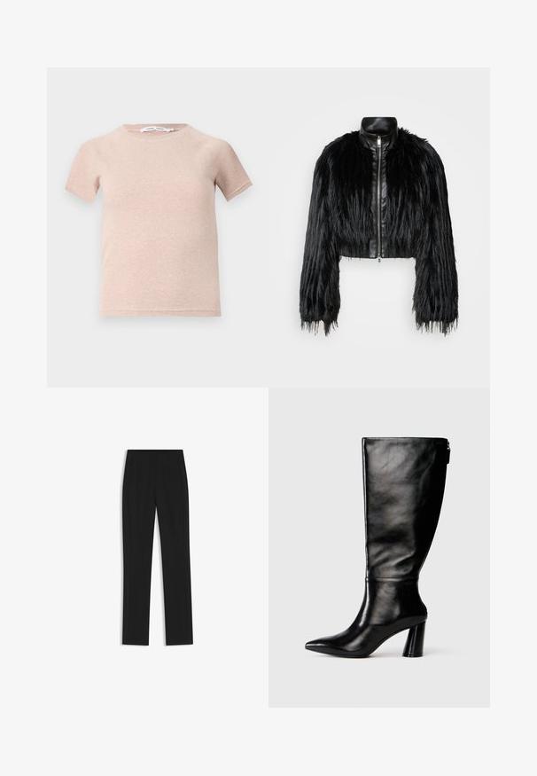 Chaqueta negra corta que combina mangas largas de piel sintética con un collar de cuero negro y cremallera frontal, con un acabado texturizado y despeinado.; Camiseta de manga corta color rosa claro, fabricada en tejido acanalado, con un escote redondo y un corte relajado. Diseño simple y sin costuras.; Pantalones de traje negros con un diseño de pierna recta, que cuentan con bolsillos delanteros y una tela suave y texturizada. Detalles limpios y minimalistas.; Bota de cuero negro hasta la rodilla con punta afilada, textura suave y un tacón grueso. Presenta un detalle de cremallera en la parte de atrás.