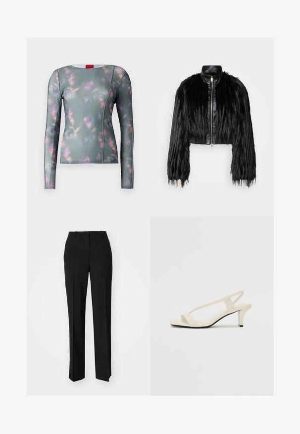 Schwarze, kurz geschnittene Jacke mit langen, gefälschten Pelzärmeln, einem schwarzen Lederkragen und einem Reißverschluss vorne, die eine strukturierte, fusselige Oberfläche hat.; Langarmshirt aus weichem Stoff mit grünem Grund, versehen mit einem Blumenmuster in Rosa und Lila, genähten Nähten und einem runden Halsausschnitt.; Schwarze, taillierte Hose mit geradem Bein, aus einem glatten Stoff und mit klaren Falten an der Vorderseite. Keine sichtbare Hardware.; Beige Blockabsatzsandalen mit dünnen Riemen und quadrater Spitze. Glattes Material mit minimalem Design, entworfen für einfaches Tragen.