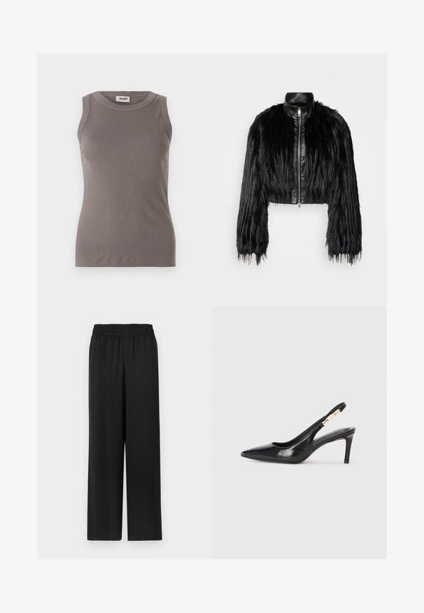 Sort cropped jakke med lange faux fur ærmer, en sort læderkrave og lynlås foran, med en tekstureret, shaggy finish.; Grå ribbede tanktop med rund halsudskæring og ærmeløs design, lavet af et blødt, tekstureret stof. Enkel, tætsiddende silhuet.; Sorte brede bukser med elastisk talje, lavet af et glat, let stof. Har en lige pasform og ingen synlige mønstre.; Sort læder slingback højhælede sko med spidse tæer, glat overflade og en smal ankelrem med guldfarvede hardware detaljer.