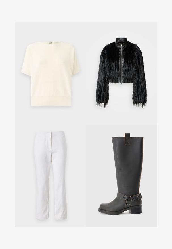 Chaqueta negra corta que combina mangas largas de piel sintética con un collar de cuero negro y cremallera frontal, con un acabado texturizado y despeinado.; Blusa corta de manga corta en crema con un corte relajado, dobladillo acanalado y escote redondeado; fabricada en una suave y ligera tela.; Pantalones de algodón blancos con un diseño de pierna recta, que cuentan con una cintura de media altura y sin herrajes o patrones visibles. Textura suave en todo su recorrido.; Bota de cuero negro hasta la rodilla con un acabado texturizado, que presenta un acento de hebilla lateral y un tacón bajo. Costura detallada a lo largo de las costuras.