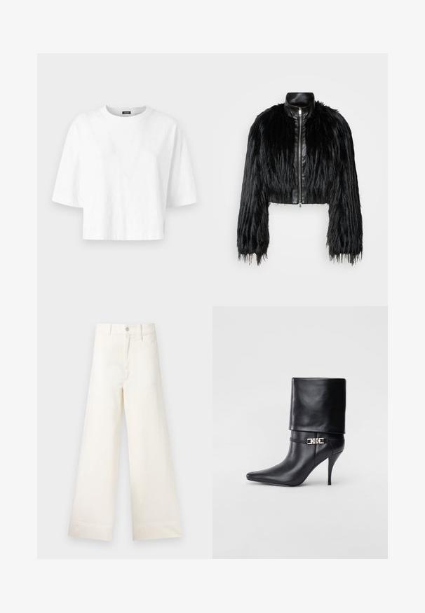 Must ikka, millel on pikad kunstkarvast varrukad, musta nahkdetailiga kaeluse ja ees oleva tõmblukuga, koos struktuurse, karvase viimistlusega.; Valge puuvillane lühikeste varrukatega lühikeste varrukatega t-särk, millel on ümmargune kaelus. Kangas on kaunistatud õrna reljeefse mustriga.; Laiad püksid heleses puuvillas. Omavad kõrget vööd, ees on taskud ja sirge lõige. Puhtad ääred ilma mustriteta.; Mustad nahast pahkluu saapad terava nina, kõrge stilettokanna, volditud äärega ja kuldse dekoratiivse pandlaga pahkluul.