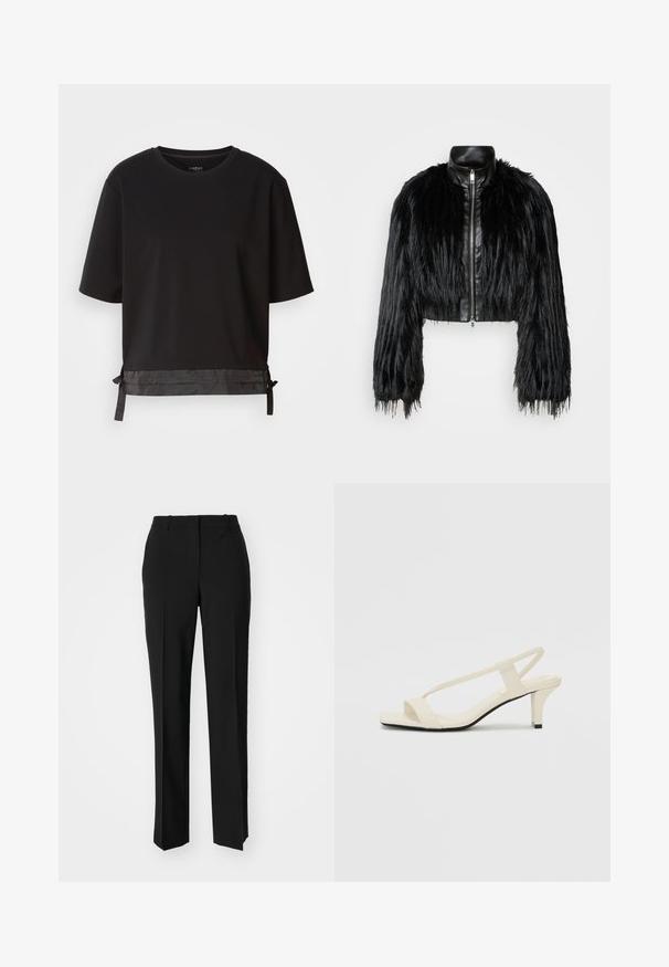Schwarze, kurz geschnittene Jacke mit langen, gefälschten Pelzärmeln, einem schwarzen Lederkragen und einem Reißverschluss vorne, die eine strukturierte, fusselige Oberfläche hat.; Schwarzes kurzes T-Shirt aus weichem Stoff, mit einem satinähnlichen Akzent am Saum und verstellbaren Bändern für eine bessere Passform.; Schwarze, taillierte Hose mit geradem Bein, aus einem glatten Stoff und mit klaren Falten an der Vorderseite. Keine sichtbare Hardware.; Beige Blockabsatzsandalen mit dünnen Riemen und quadrater Spitze. Glattes Material mit minimalem Design, entworfen für einfaches Tragen.