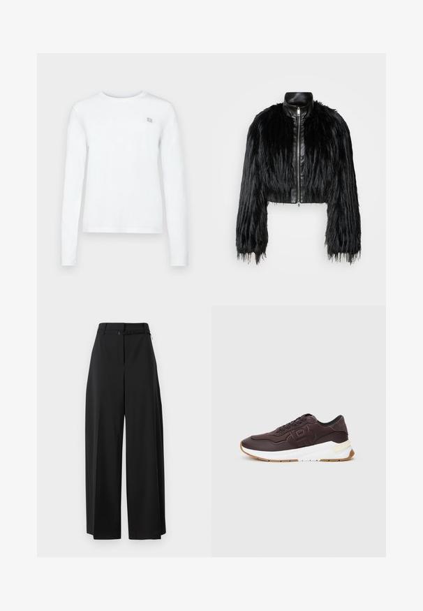 Fekete crop dzseki, amely hosszú műszőrme ujjakkal, fekete bőr gallérral és elöl cipzárral kombinálva, texturált, bolyhos felülettel rendelkezik.; Calvin Klein Jeans REGULAR LONG SLEEVED - Hosszú ujjú felső - bright white; Fekete, bő szárú nadrág magas derekú szabással és övvel. Simaságával és letisztult vonalaival a laza illeszkedés érdekében készült.; Sötétbarna sportcipő fekete béléssel, dombornyomott logóval az oldalán, vastag fehér talppal és gumi színű talppal egy sima háttér előtt.