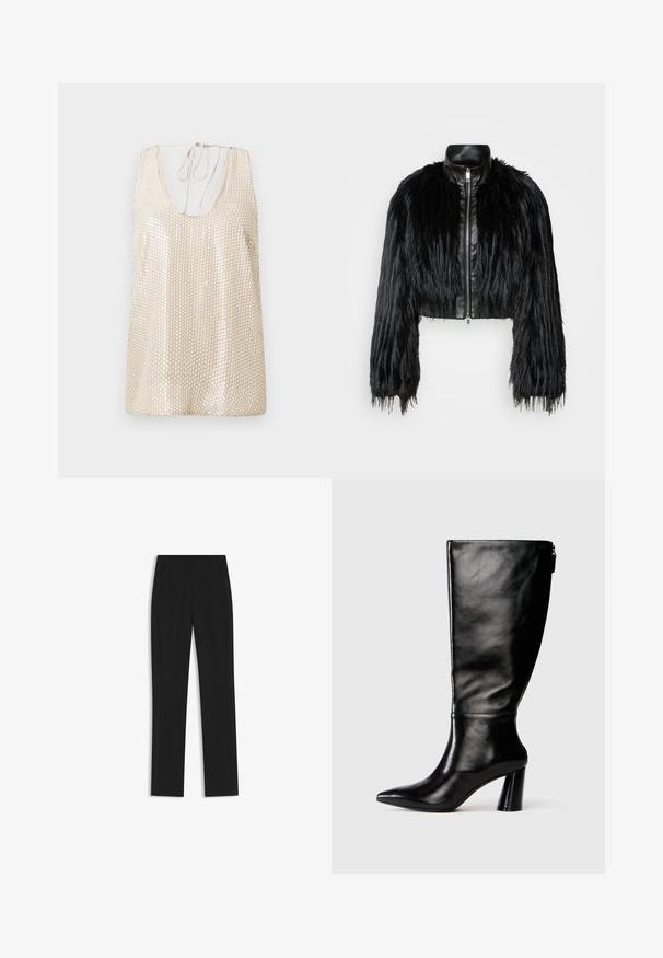 Black cropped jacket combining long faux fur sleeves with a black leather collar and front zipper, featuring a textured, shaggy finish.; Beige sleeveless top with a deep neckline, adorned with reflective sequin patterns for texture and visual interest, and tie-back closure.; Black tailored trousers with a straight-leg design, featuring front pockets and a smooth, textured fabric. Neat, minimal detailing.; Knee-high black leather boot with a pointed toe, smooth texture, and a chunky heel. Features a zipper detail at the back.