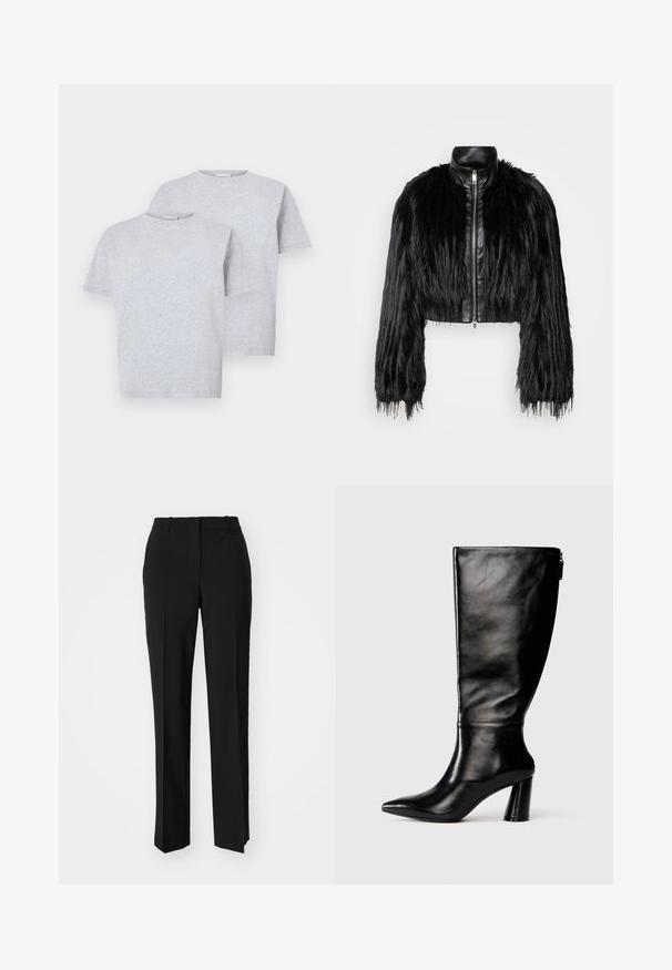 Melnā īsā jaka ar garām mākslīgā kažoka piedurknēm, melnu ādas apkakli un priekšējo rāvējslēdzēju, ar teksturētu, pūkainu apdari.; Divi īsliem piedurknēm T-krekli gaiši pelēkā krāsā, izgatavoti no mīksta auduma, ar apaļu kakla izgriezumu un brīvu piegriezumu. Katram kreklam ir minimāls dizains.; Melnas pielāgotas bikses ar taisnu kāju dizainu, kas raksturojas ar gludu faktūru un asiem krokām pa priekšu. Nav redzamu metāla detaļu.; Ceļgala augstumā melnas ādas zābaki ar saplacinātu purngalu, gludu tekstūru un masīlu papēdi. Aizmugurē ir rāvējslēdzēja detalizācija.