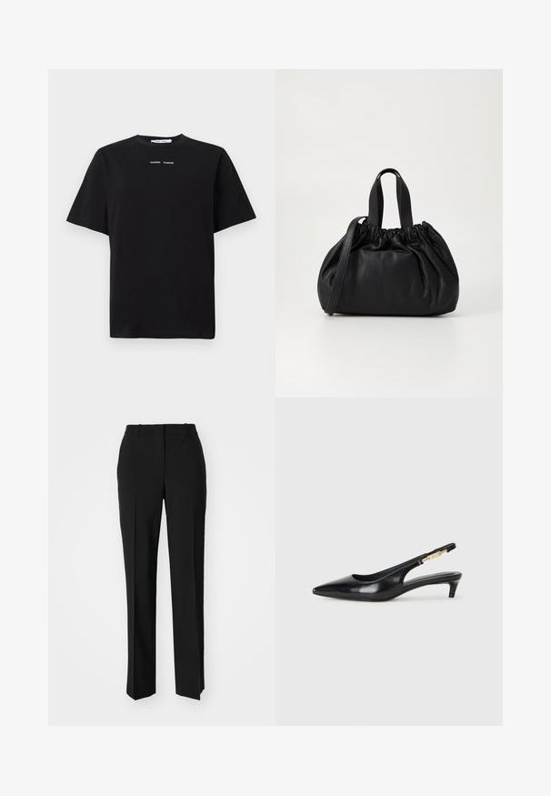 Crna skraćena jakna koja kombinira dugačke rukave od umjetnog krzna s crnim kožnim ovratnikom i prednjim zatvaračem, s teksturiranim, šaggy završetkom.; Crna majica kratkih rukava od pamuka, s okruglim izrezom i dva mala bijela loga centrirana na prednjem dijelu. Glatka tekstura.; Crne krojene hlače ravnog kroja, s glatkom teksturom i oštrim pregibima naprijed. Bez vidljivih metalnih dijelova.; Crne kožne sandale s petom, s izduženim vrhom, imaju usku petu i zlatni akcent na podesivoj traci. Glatka tekstura.; Crna kožna torba s nabranim dizajnom na vrhu, s dva kratka ručka i dugim podesivim remenom. Glatka tekstura, zaobljen oblik.