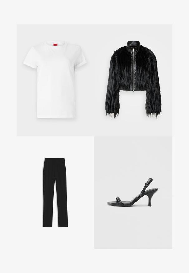 Black cropped jacket combining long faux fur sleeves with a black leather collar and front zipper, featuring a textured, shaggy finish.; White short-sleeve t-shirt made of lightweight cotton. Features a round neckline and rolled sleeves. Red logo tag on the collar.; Black tailored trousers with a straight-leg design, featuring front pockets and a smooth, textured fabric. Neat, minimal detailing.; Black leather high-heeled sandals with a slim, curved heel and a crossed strap design. Adjustable ankle strap. Smooth texture.
