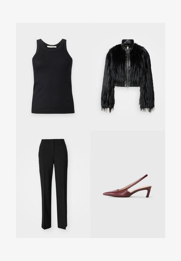 Crna skraćena jakna koja kombinira dugačke rukave od umjetnog krzna s crnim kožnim ovratnikom i prednjim zatvaračem, s teksturiranim, šaggy završetkom.; Crni rebrasti top bez rukava s okruglim izrezom i širokim trakama, izrađen od mekanog materijala. Bez vidljivih uzoraka ili metalnih detalja.; Crne krojene hlače ravnog kroja, s glatkom teksturom i oštrim pregibima naprijed. Bez vidljivih metalnih dijelova.; Burgundske potpetice sa otvorenom pete, oštar vrh, izrezane detalje sa strane i srednje visoku blok petu. Glatka kožna završna obrada.
