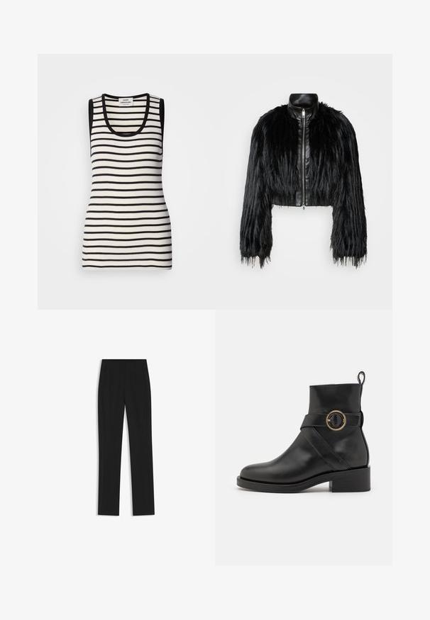 Black cropped jacket combining long faux fur sleeves with a black leather collar and front zipper, featuring a textured, shaggy finish.; Sleeveless tank top with black and white horizontal stripes, ribbed texture, and a rounded neckline. Black trim on the shoulders and neckline.; Black tailored trousers with a straight-leg design, featuring front pockets and a smooth, textured fabric. Neat, minimal detailing.; BOSS IRYNA BOOTIE - Platform ankle boots - black