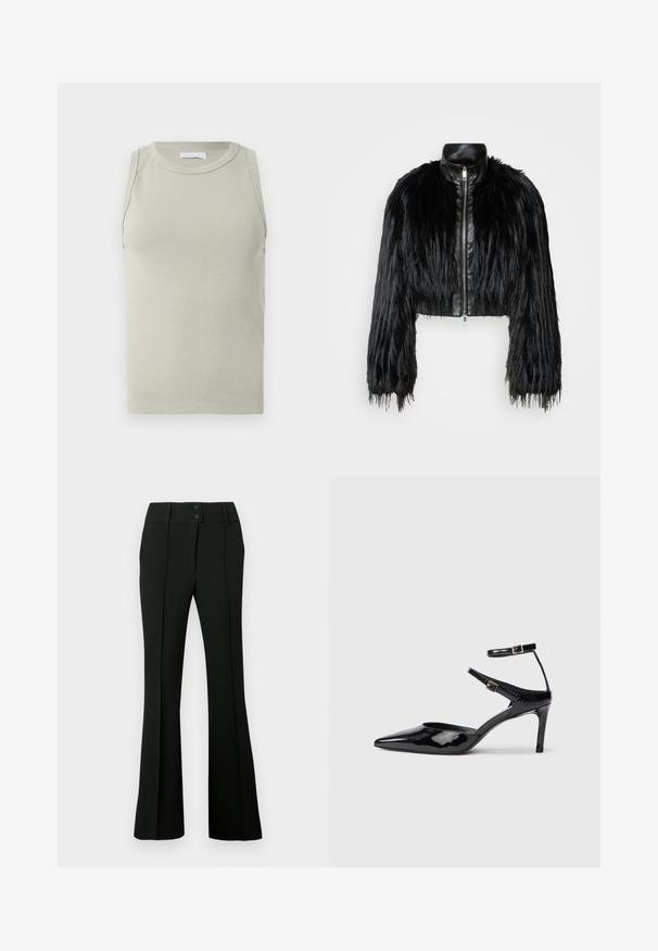 Svart kort jacka som kombinerar långa sockerfuskärmar med en svart läderkrage och dragkedja fram, med en texturerad, shaggy finish.; Ljusgrön ribbad tanktop med rund halsringning och ärmlös design. Den har en figurnära siluett och mjuk textur.; Svarta utsvängda byxor med ett mjukt tyg, hög midja med två knappar och veck fram, vilket ger ett skräddarsytt utseende.; Svarta lackskinnshälar med spetsig tå, justerbara ankelremmar och en smal klack. Slät textur med en glänsande yta.