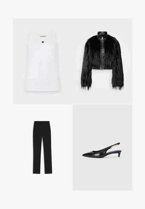 Black cropped jacket combining long faux fur sleeves with a black leather collar and front zipper, featuring a textured, shaggy finish.; White sleeveless tank top made of cotton, featuring a round neckline and a small black bear logo at the center. Smooth texture.; Black tailored trousers with a straight-leg design, featuring front pockets and a smooth, textured fabric. Neat, minimal detailing.; Black leather slingback heels with a pointed toe, featuring a slim heel and a gold-tone accent on the adjustable strap. Smooth texture.