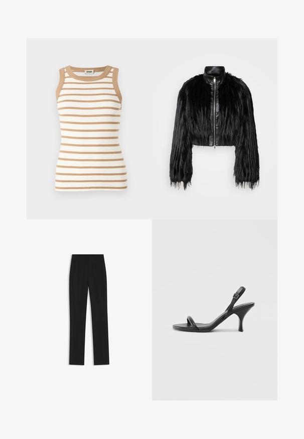 Mustan lyhyen takin yhdistelmä, jossa on pitkät tekoturkishihat, musta nahkakaulus ja etuvetoketju. Takissa on teksturoitu, karhea pinta.; Hihaton ribbipaita vaalean kerma- ja vaaleanruskeilla vaakaraitoja. Varustettu kontrastivärisellä ruskealla kauluksella ja käsivarsiaukkoilla.; Mustat räätälöidyt housut suoran lahkeen designilla, joissa on etutaskut ja sileä, teksturoitu kangas. Siistit, minimalistiset yksityiskohdat.; Mustat nahkaiset korkokengät, joissa on hoikka, kaareva korko ja ristiin menevä hihnadesign. Säädettävä nilkkahihna. Silkkinen pinta.