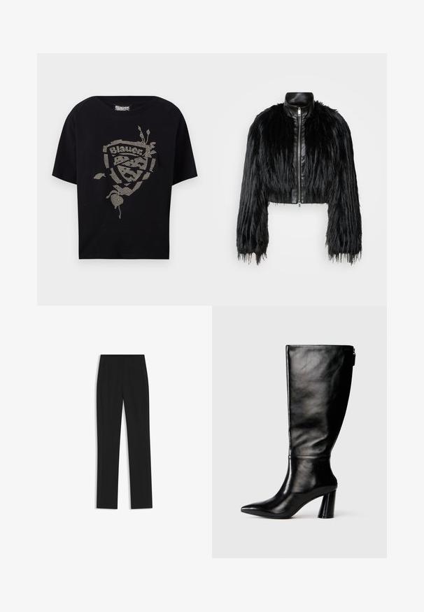 Black cropped jacket combining long faux fur sleeves with a black leather collar and front zipper, featuring a textured, shaggy finish.; Black short-sleeve t-shirt featuring a rhinestone-embellished design with the word "Blauer" and floral accents. Soft cotton material.; Black tailored trousers with a straight-leg design, featuring front pockets and a smooth, textured fabric. Neat, minimal detailing.; Knee-high black leather boot with a pointed toe, smooth texture, and a chunky heel. Features a zipper detail at the back.