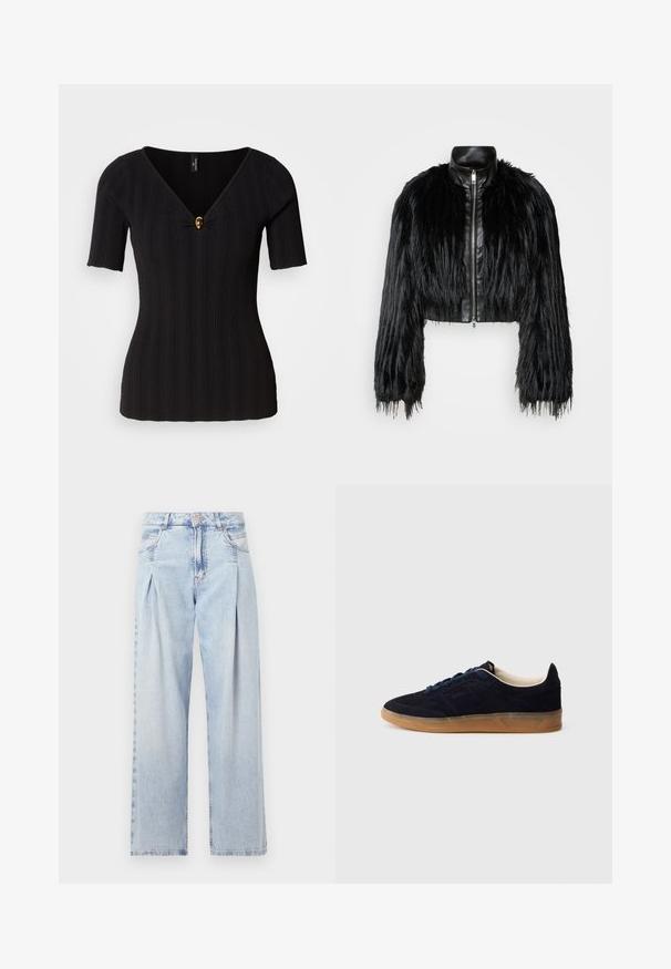 Must ikka, millel on pikad kunstkarvast varrukad, musta nahkdetailiga kaeluse ja ees oleva tõmblukuga, koos struktuurse, karvase viimistlusega.; Must mustriba kootud ülemine osa lühikeste varrukatega, sügava V-kaelusega ja kuldse dekoratiivnupuga keskosas; keha järgiv disain.; Heledad sinise denimist valmistatud teksapüksid kõrge vöökohaga, laia jala lõikega, kahe külje taskuga ja pleedi disainiga. Pehme tekstuur ja pleekinud viimistlus.; Tumesinised seemisnahast spordijalatsid kummist tallaga, siniste paeltega ja minimalistliku disainiga. Küljel on reljeefne logo ja sees on sile vooder.