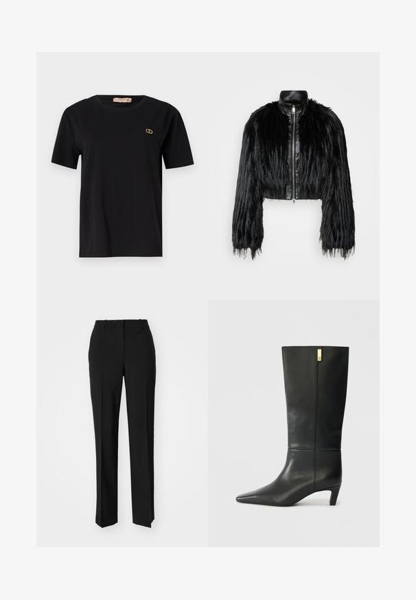 Sort cropped jakke med lange faux fur ærmer, en sort læderkrave og lynlås foran, med en tekstureret, shaggy finish.; Sort bomulds-T-shirt med korte ærmer, rund halsudskæring og et lille guld logo på brystet. Glat tekstur og normal pasform.; Sorte skræddersyede bukser med lige ben-design, der har en glat tekstur og skarpe folder langs fronten. Ingen synlige hardware.; Sorte læder knæhøje støvler med spids tå og en lille hæl. Har et slankt design med en gylden accentdetalje. Glat tekstur.