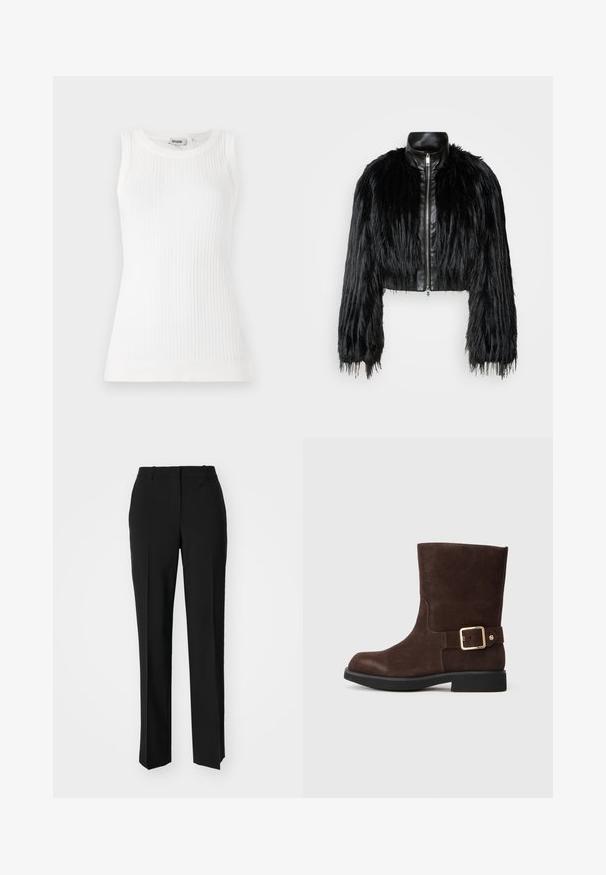 Black cropped jacket combining long faux fur sleeves with a black leather collar and front zipper, featuring a textured, shaggy finish.; White ribbed sleeveless top with a round neckline and fitted design, made from a lightweight fabric. Clean, smooth texture throughout.; Black tailored trousers with a straight-leg design, featuring a smooth texture and crisp creases along the front. No visible hardware.; Brown suede ankle boot with a rounded toe, flat black sole, and gold buckle accent on the side. Smooth texture and simple design.