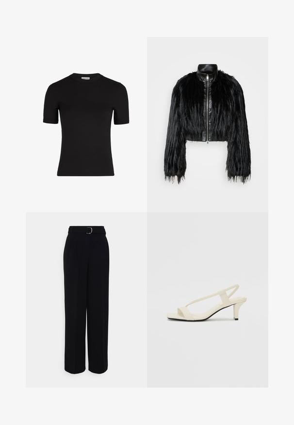 Fekete crop dzseki, amely hosszú műszőrme ujjakkal, fekete bőr gallérral és elöl cipzárral kombinálva, texturált, bolyhos felülettel rendelkezik.; Fekete bordázott, rövid ujjú póló, puha anyagból készült, kerek nyakkivágással és testhez simuló fazonnal. A címke látható a nyakkivágás belsejében.; Fekete, testre szabott nadrág, széles szárű sziluettel, ezüst csattal ellátott övvel, pliszékkel és sima textúrával.; Beige színű, blokksarkú szandálok vékony pántokkal és négyzet alakú orral. Simább anyag, minimális részletezéssel, amely könnyű viselésre lett tervezve.