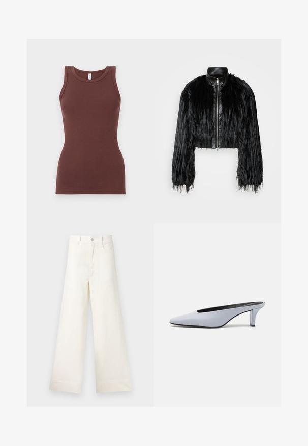 Crna skraćena jakna koja kombinira dugačke rukave od umjetnog krzna s crnim kožnim ovratnikom i prednjim zatvaračem, s teksturiranim, šaggy završetkom.; Smeđi, rebrasti top bez rukava s okruglim izrezom. Izrađen od mekanog materijala, prilagođenog kroja bez ukrasa ili uzoraka.; Hlače širokih nogavica u svijetloj bež pamučnoj tkanini. Imaju visoki struk, prednje džepove i ravni kroj. Čista obruba bez uzoraka.; Tamnoplava lakirana mule cipela s oštrim nosom, niskim prozirnim potpeticama i elegantnim dizajnom s izrezom na gornjem dijelu.