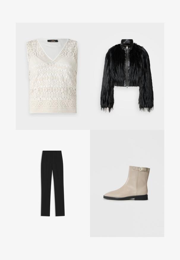 Chaqueta negra corta que combina mangas largas de piel sintética con un collar de cuero negro y cremallera frontal, con un acabado texturizado y despeinado.; Top sin mangas blanco con escote en V, diseño de ganchillo intrincado y patrones texturizados por todo su alrededor. Tejido suave y ligero.; Pantalones de traje negros con un diseño de pierna recta, que cuentan con bolsillos delanteros y una tela suave y texturizada. Detalles limpios y minimalistas.; Botín de cuero beige hasta el tobillo con puntera afilada, suela negra, tacón bajo y correa con hebilla dorada en el lado exterior, mostrado sobre fondo blanco.