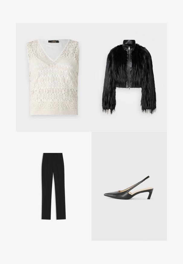 Giacca nera corta che combina maniche lunghe in pelliccia sintetica con un colletto in pelle nera e zip frontale, caratterizzata da una finitura testurizzata e shaggy.; Top bianco senza maniche con scollatura a V, design a crochet intricato e motivi texture in tutta la superficie. Tessuto morbido e leggero.; Pantaloni neri su misura con un design a gamba dritta, dotati di tasche frontali e un tessuto liscio e strutturato. Dettagli ordinati e minimalisti.; Scarpa slingback nera con punta affilata e tacco basso, realizzata in pelle liscia e con un design a taglio laterale per favorire la traspirabilità.
