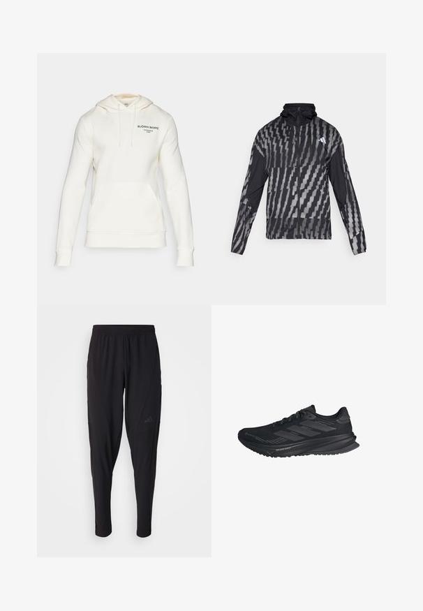 Lengvas juodas švarkas su geometriniu baltu raštu. Su aukšta apykakle, pilnu užtrauktuku ir ilgomis rankovėmis.; Kreminė mėgstama striukė, pagaminta iš minkštos medžiagos, turinti priekinę kengūros kišenę, kapšelį su raišteliais ir žalios spalvos teksto logotipą ant krūtinės.; Juodos sportinės kelnės su elastinga juosmeniu, siaurėjantis dizainas, šoninės kišenės ir subtilus logotipo detalė. Pagamintos iš lankstaus, kvėpuojančio audinio.; Juodas Adidas bėgimo batelis su Gore-Tex viršutine dalimi, trimis juostelėmis šone ir žodžiu "Dreamstrike" ant padaiso, matomas iš išorinės pusės.