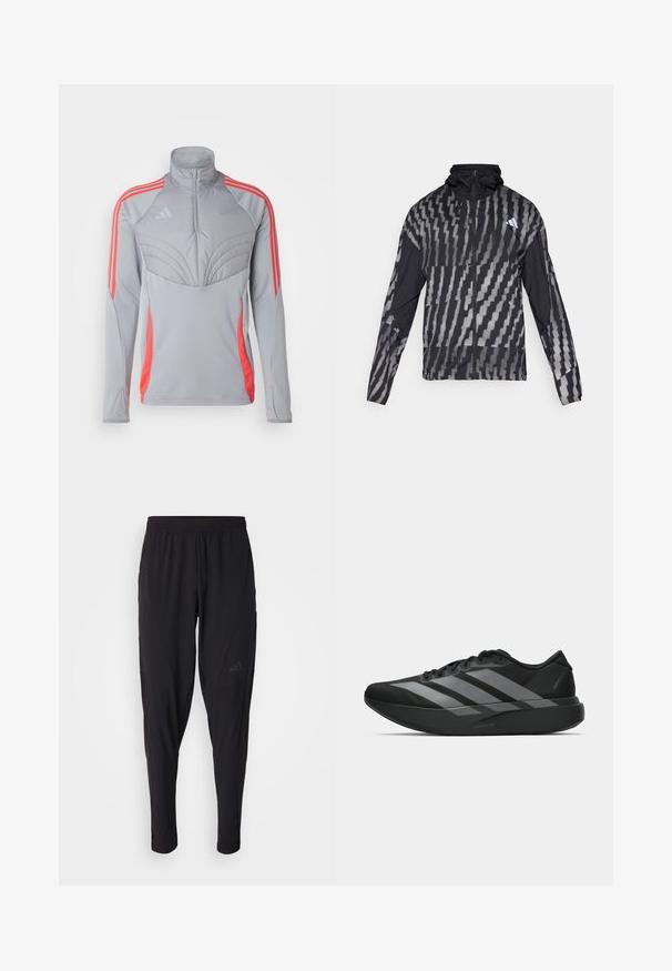 Leichte schwarze Jacke mit einem geometrischen weißen Muster. Enthält einen hohen Kragen, einen durchgehenden Reißverschluss und lange Ärmel.; Graue Sportjacke mit hohem Kragen, strukturiertem Brustbereich und orangen Streifen an Schultern und Seiten. Leichtes Material.; Schwarze Sporthosen mit elastischem Bund, tailliertem Design, Seitentaschen und dezenten Logo-Details. Hergestellt aus flexiblem, atmungsaktivem Material.; Schwarze Sportschuhe mit einem leichten Design, ausgestattet mit drei auffälligen grauen Streifen, einer glatten Textur und einer konturierten Sohle.