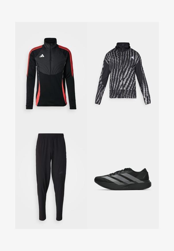 Lichte zwarte jas met een geometrisch wit patroon. Bevat een hoge kraag, volledige rits aan de voorkant en lange mouwen.; adidas Performance TIRO24 WINTERIZED - Sweater - black/shock red; Zwarte sportbroek met een elastische tailleband, taps toelopend ontwerp, zijzakken en subtiele logodetails. Gemaakt van flexibele, ademende stof.; Zwarte sportieve schoenen met een lichtgewicht ontwerp, voorzien van drie opvallende grijze strepen, een gladde textuur en een gevormde zool.
