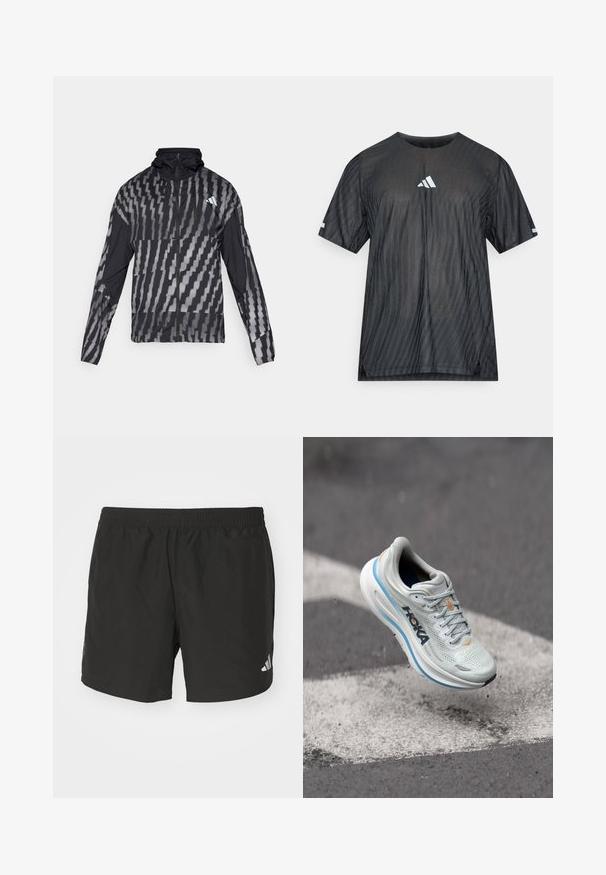 Chaqueta negra ligera con un patrón geométrico blanco. Incluye un alto cuello, cierre frontal completo y mangas largas.; Camiseta deportiva negra de manga corta, con un patrón de rayas diagonales texturizadas y un logo blanco de Adidas en el pecho y las mangas.; Pantalones cortos deportivos negros con cintura elástica, aberturas laterales y acentos de logo reflectantes. Hechos de una tela liviana y suave.; Zapatilla de running gris claro con upper de malla transpirable, acentos naranjas y una entresuela blanca gruesa con un ribete azul. Diseño ligero.