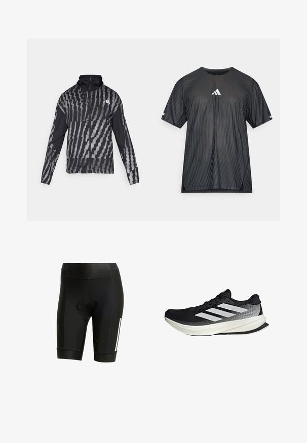 Lightweight black jacket featuring a geometric white pattern. Includes a high collar, full zip front, and long sleeves.; Black athletic t-shirt with short sleeves, featuring a textured diagonal stripe pattern and a white Adidas logo on the chest and sleeves.; Black cycling shorts with a padded seat, made of stretchy fabric. Features a sleek design with white stripes and flatlock stitching.; Black athletic shoe with a mesh design, featuring white stripes, a rounded toe, and a textured sole for grip and support.