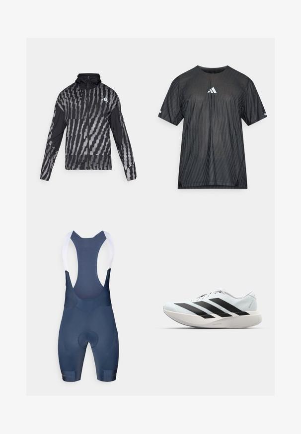 Ľahká čierna bunda s geometrickým bielym vzorom. Obsahuje vysoký golier, plný zips na prednej strane a dlhé rukávy.; Čierne atletické tričko s krátkym rukávom, so štruktúrovaným diagonálnym pruhovaným vzorom a bielym logom Adidas na hrudi a rukávoch.; Tmavomodré cyklistické šortky s bielymi popruhmi, so vypchávkou na sedadle, hladkou textúrou a bez viditeľných vzorov či kovových detailov.; Ľahké bežecké topánky v svetlomodrej farbe s čiernymi pruhmi. Majú hladký zvršok, okrúle špičky a hrubú bielu medzipodrážku označenú "LIGHTSTRIKE PRO."