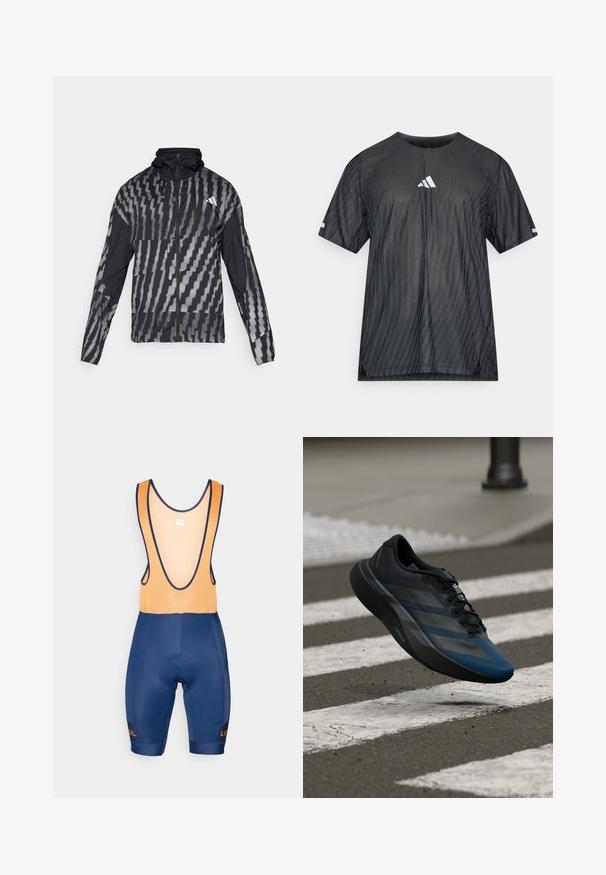 Lightweight black jacket featuring a geometric white pattern. Includes a high collar, full zip front, and long sleeves.; Black athletic t-shirt with short sleeves, featuring a textured diagonal stripe pattern and a white Adidas logo on the chest and sleeves.; Blue cycling bib shorts with orange mesh straps, padded seat, and contrasting logo detail. Features a form-fitting design and smooth texture.; Black and blue athletic shoe with a streamlined design, featuring a textured upper, contrasting stripes, and a cushioned sole, hovering over pavement.