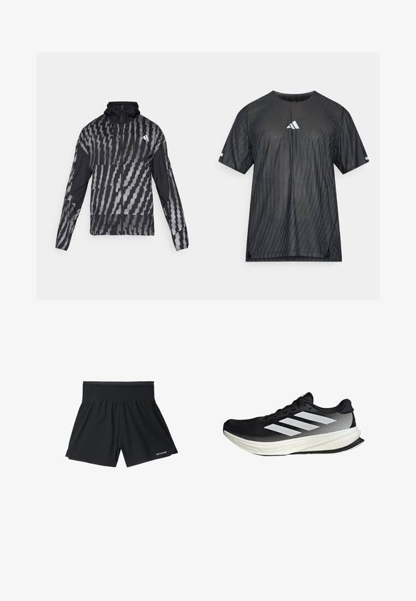Chaqueta negra ligera con un patrón geométrico blanco. Incluye un alto cuello, cierre frontal completo y mangas largas.; Camiseta deportiva negra de manga corta, con un patrón de rayas diagonales texturizadas y un logo blanco de Adidas en el pecho y las mangas.; Pantalones cortos deportivos negros con una cinturilla elástica ancha, que presentan un corte holgado y un sutil logotipo en la parte inferior izquierda. Textura suave.; Zapato deportivo negro con un diseño de malla, que presenta rayas blancas, una puntera redondeada y una suela texturizada para agarre y soporte.