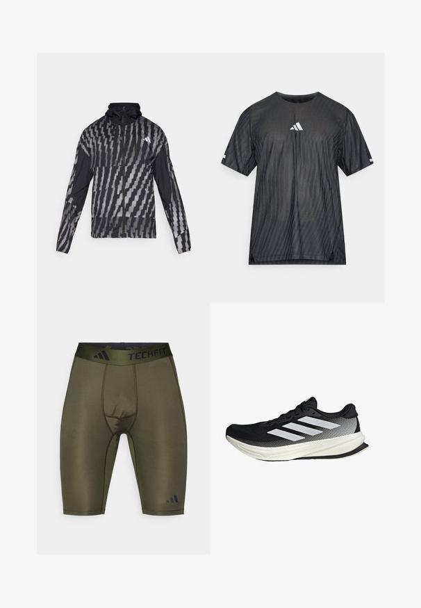 Chaqueta negra ligera con un patrón geométrico blanco. Incluye un alto cuello, cierre frontal completo y mangas largas.; Camiseta deportiva negra de manga corta, con un patrón de rayas diagonales texturizadas y un logo blanco de Adidas en el pecho y las mangas.; Pantalones cortos de compresión verde oliva con una cintura TECHFIT negra, que cuentan con una textura suave, forma ajustada y un discreto detalle de costuras.; Zapato deportivo negro con un diseño de malla, que presenta rayas blancas, una puntera redondeada y una suela texturizada para agarre y soporte.