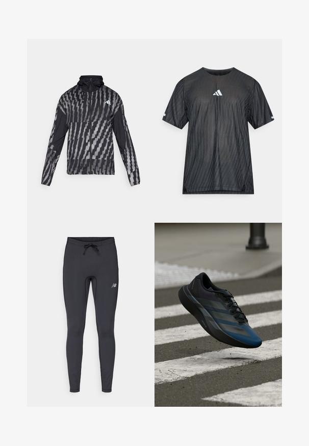 Lätt svart jacka med ett geometriskt vitt mönster. Har hög krage, full dragkedja framtill och långa ärmar.; Svart atletisk t-shirt med korta ärmar, med ett texturerat diagonalt randmönster och en vit Adidas-logotyp på bröstet och ärmarna.; Svarta sportleggins i elastisk tyg. Har en dragsko i midjan och en liten reflektionslogotyp på framsidan av höger lår.; Svart och blå atletisk sko med en strömlinjeformad design, med ett texturerat överstycke, kontrasterande ränder och en dämpad sula, svävande över asfalt.