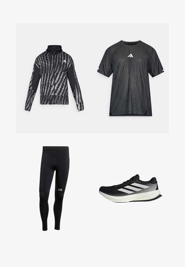 Giacca nera leggera con un motivo geometrico bianco. Include un colletto alto, zip frontale completa e maniche lunghe.; Maglietta atletica nera a maniche corte, con motivo a strisce diagonali testurizzate e logo Adidas bianco sul petto e sulle maniche.; Leggings sportivi neri con una texture liscia, dotati di accenti riflettenti e un design aderente. Realizzati in materiale elasticizzato e traspirante.; Scarpa sportiva nera con design in rete, caratterizzata da strisce bianche, punta arrotondata e suola testurizzata per aderenza e supporto.